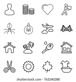 Thin line icon set : man, coin stack, heart, courier, virus, rocket, journey, bridge, bungalow, island, tennis, home, scissors, sun, maple leaf, handle washing
