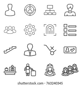 Thin line icon set : man, target audience, hierarchy, woman, group, round around, fingerprint, list, stairs, client, do not trolley sign, check in, baggage checking, garbage bin, cleaner, outsource