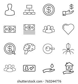 Thin line icon set : man, hierarchy, dollar, investment, money, group, heart, arrow, brain, cell corection, virus, check in, hand and drop, housing