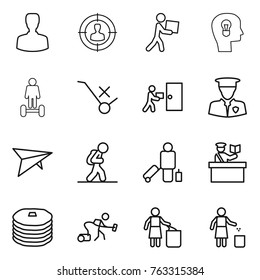 Thin line icon set : man, target audience, courier, bulb head, hoverboard, do not trolley sign, delivery, security,  plane, tourist, passenger, inspector, pancakes, vacuum cleaner, garbage bin