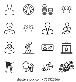 Thin line icon set : man, target audience, coin stack, group, woman, client, support manager, tourist, check in, detector, Chair for babies, garden cleaning, vacuum cleaner, outsource