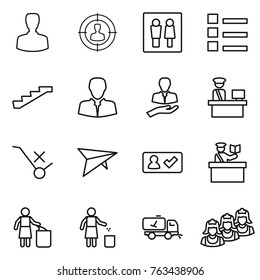 Thin Line Icon Set : Man, Target Audience, Wc, List, Stairs, Client, Customs Control, Do Not Trolley Sign, Deltaplane, Check In, Inspector, Garbage Bin, Home Call Cleaning, Outsource