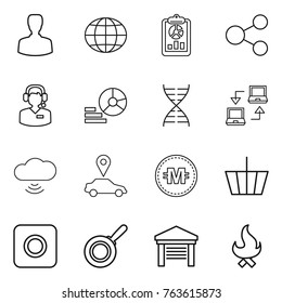 Thin line icon set : man, globe, report, share, call center, diagram, dna, notebook connect, cloud wireless, car pointer, crypto currency, basket, ring button, pan, garage, fire