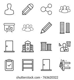 Thin line icon set : man, pencil, share, group, presentation, skyscrapers, door, building, district, architector, clipboard check, rack, cleaning