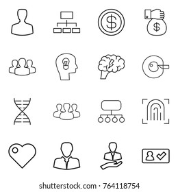 Thin line icon set : man, hierarchy, dollar, money gift, group, bulb head, brain, cell corection, dna, structure, fingerprint, heart, client, check in