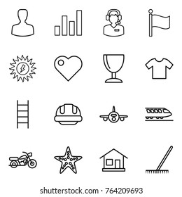 Thin line icon set : man, graph, call center, flag, sun power, heart, wineglass, t shirt, stairs, building helmet, plane, train, motorcycle, starfish, home, rake