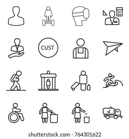 Thin line icon set : man, hoverboard, virtual mask, architector, client, customs, workman, deltaplane, tourist, detector, passenger, surfer, invalid, garbage bin, home call cleaning