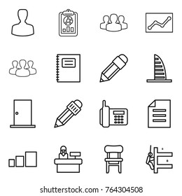 Thin line icon set : man, report, group, statistics, copybook, pencil, skyscraper, door, phone, document, sorting, reception, chair, skyscrapers cleaning