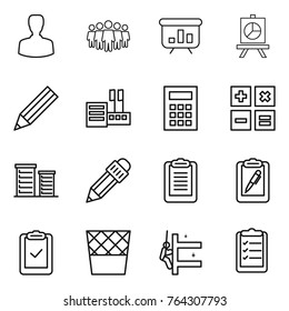 Thin line icon set : man, team, presentation, pencil, store, calculator, district, clipboard, pen, check, trash bin, skyscrapers cleaning, list