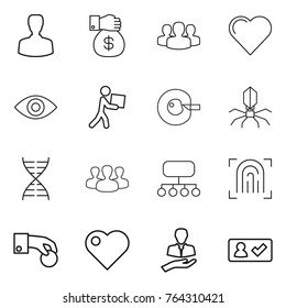 Thin line icon set : man, money gift, group, heart, eye, courier, cell corection, virus, dna, structure, fingerprint, hand coin, client, check in