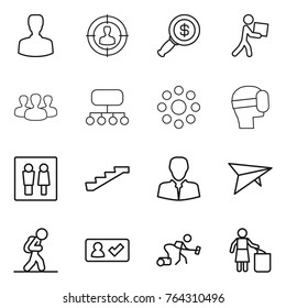 Thin line icon set : man, target audience, dollar magnifier, courier, group, structure, round around, virtual mask, wc, stairs, client, deltaplane, tourist, check in, vacuum cleaner, garbage bin