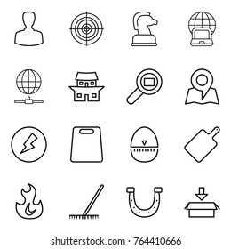 Thin line icon set : man, target, chess horse, notebook globe, connect, japanese house, cargo search, map, electricity, cutting board, egg timer, fire, rake, horseshoe, package