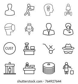 Thin line icon set : man, courier, bulb head, hoverboard, virtual mask, jet robot, client, support manager, customs, control, do not trolley sign, confidential, detector, reception, pancakes