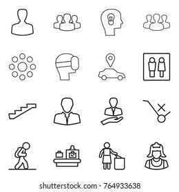 Thin line icon set : man, group, bulb head, round around, virtual mask, car pointer, wc, stairs, client, do not trolley sign, tourist, baggage checking, garbage bin, cleaner