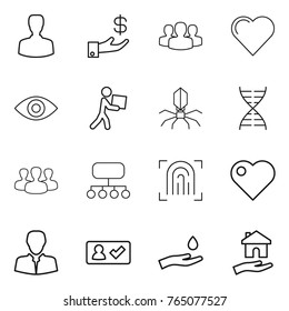 Thin line icon set : man, investment, group, heart, eye, courier, virus, dna, structure, fingerprint, client, check in, hand and drop, housing