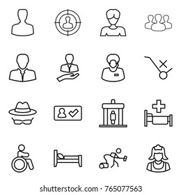 Thin line icon set : man, target audience, woman, group, client, support manager, do not trolley sign, confidential, check in, detector, hospital, invalid, bed, vacuum cleaner