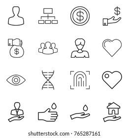 Thin line icon set : man, hierarchy, dollar, investment, money gift, group, woman, heart, eye, dna, fingerprint, client, hand drop, and, housing