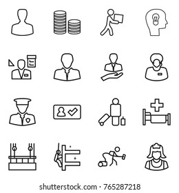Thin line icon set : man, coin stack, courier, bulb head, architector, client, support manager, security, check in, passenger, hospital, skysrcapers cleaning, skyscrapers, vacuum cleaner