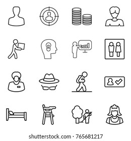Thin line icon set : man, target audience, coin stack, woman, courier, bulb head, presentation, wc, support manager, confidential, tourist, check in, bed, Chair for babies, garden cleaning, cleaner
