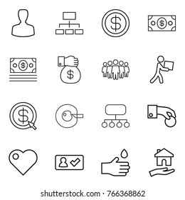 Thin line icon set : man, hierarchy, dollar, money, gift, team, courier, arrow, cell corection, structure, hand coin, heart, check in, drop, housing