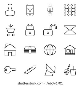 Thin line icon set : man, phone wireless, smart watch, chip, add to cart, lock, unlock, mail, home, money, globe, key, stairs, satellite antenna, bucket and broom
