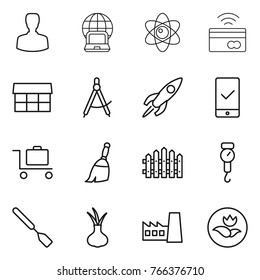 Thin line icon set : man, notebook globe, atom, tap to pay, market, draw compass, rocket, mobile checking, baggage trolley, broom, fence, handle scales, spatula, onion, factory, ecology
