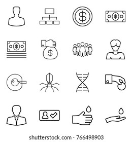 Thin line icon set : man, hierarchy, dollar, money, gift, team, woman, cell corection, virus, dna, hand coin, client, check in, drop, and