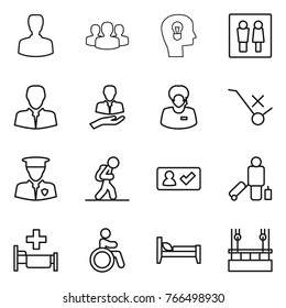 Thin line icon set : man, group, bulb head, wc, client, support manager, do not trolley sign, security, tourist, check in, passenger, hospital, invalid, bed, skysrcapers cleaning
