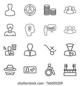 Thin line icon set : man, target audience, coin stack, group, woman, bulb head, presentation, architector, client, do not trolley sign, security, confidential, check in, invalid