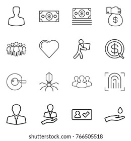Thin line icon set : man, money, gift, team, heart, courier, dollar arrow, cell corection, virus, group, fingerprint, client, check in, hand and drop