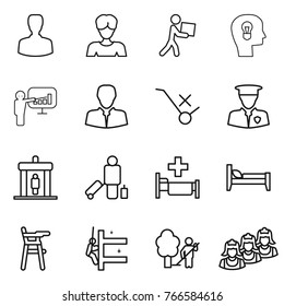 Thin line icon set : man, woman, courier, bulb head, presentation, client, do not trolley sign, security, detector, passenger, hospital, bed, Chair for babies, skyscrapers cleaning, garden
