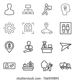 Thin line icon set : man, hierarchy, courier, bulb head, round around, fingerprint, car pointer, wc, dollar pin, client, customs control, deltaplane, check in, baggage checking, garden cleaning