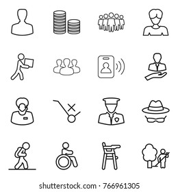 Thin line icon set : man, coin stack, team, woman, courier, group, pass card, client, support manager, do not trolley sign, security, confidential, tourist, invalid, Chair for babies