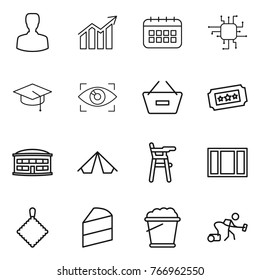 Thin line icon set : man, diagram, calendar, chip, graduate hat, eye identity, remove from basket, ticket, airport building, tent, Chair for babies, window, rag, cake, foam bucket, vacuum cleaner