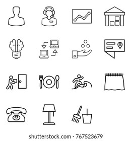 Thin line icon set : man, call center, statistics, warehouse, bulb brain, notebook connect, chemical industry, location details, courier delivery, cafe, surfer, curtain, phone, floor lamp