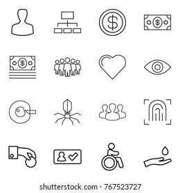 Thin line icon set : man, hierarchy, dollar, money, team, heart, eye, cell corection, virus, group, fingerprint, hand coin, check in, invalid, and drop