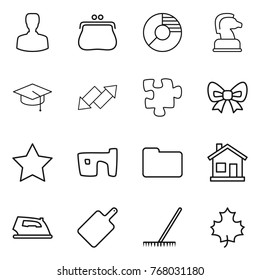 Thin line icon set : man, purse, circle diagram, chess horse, graduate hat, up down arrow, puzzle, bow, star, slum, documents, home, iron, cutting board, rake, maple leaf