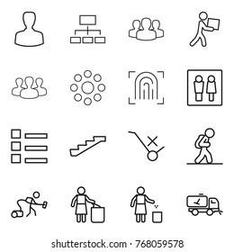 Thin Line Icon Set : Man, Hierarchy, Group, Courier, Round Around, Fingerprint, Wc, List, Stairs, Do Not Trolley Sign, Tourist, Vacuum Cleaner, Garbage Bin, Home Call Cleaning