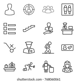 Thin line icon set : man, target audience, group, wc, list, stairs, client, customs control, do not trolley sign, security, tourist, check in, baggage checking, vacuum cleaner, garbage bin