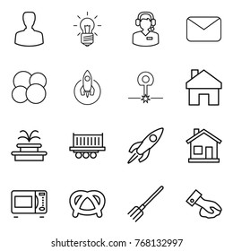 Thin line icon set : man, bulb, call center, mail, atom core, rocket, laser, home, fountain, truck shipping, microwave oven, pretzel, fork, wiping