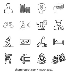 Thin line icon set : man, coin stack, bulb head, presentation, group, pass card, architector, security, tourist, check in, passenger, bed, Chair for babies, skyscrapers cleaning, cleaner, outsource
