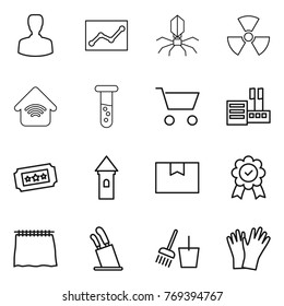 Thin line icon set : man, statistics, virus, nuclear, wireless home, vial, cart, store, ticket, tower, package box, medal, curtain, stands for knives, bucket and broom, gloves