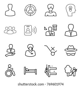 Thin line icon set : man, target audience, woman, bulb head, group, pass card, architector, client, support manager, do not trolley sign, confidential, invalid, bed, skyscrapers cleaning, garden