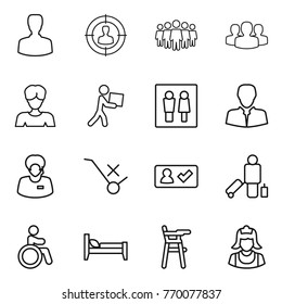Thin line icon set : man, target audience, team, group, woman, courier, wc, client, support manager, do not trolley sign, check in, passenger, invalid, bed, Chair for babies, cleaner
