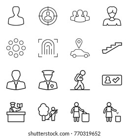 Thin line icon set : man, target audience, group, woman, round around, fingerprint, car pointer, stairs, client, security, tourist, check in, inspector, garden cleaning, garbage bin