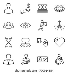 Thin line icon set : man, investment, money, team, group, eye, courier, virus, dna, structure, hand coin, heart, client, check in, invalid