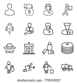 Thin line icon set : man, money gift, call center, courier, jet robot, client, support manager, security, confidential, detector, passenger, pancakes, trash, vacuum cleaner, garbage bin