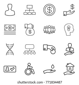 Thin line icon set : man, hierarchy, dollar, investment, money, gift, team, bulb head, dna, structure, hand coin, client, check in, invalid, and drop, housing