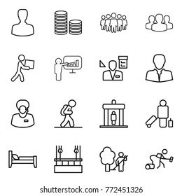 Thin line icon set : man, coin stack, team, group, courier, presentation, architector, client, support manager, tourist, detector, passenger, bed, skysrcapers cleaning, garden, vacuum cleaner