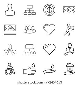 Thin line icon set : man, hierarchy, dollar, money, group, heart, courier, virus, structure, client, invalid, hand drop, and, housing